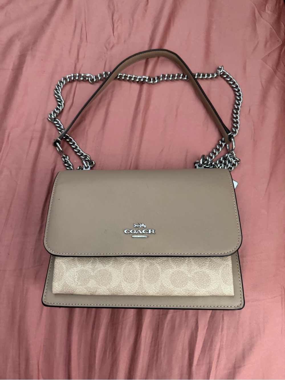 COACH Taupe and Cream Signature Flap Crossbody